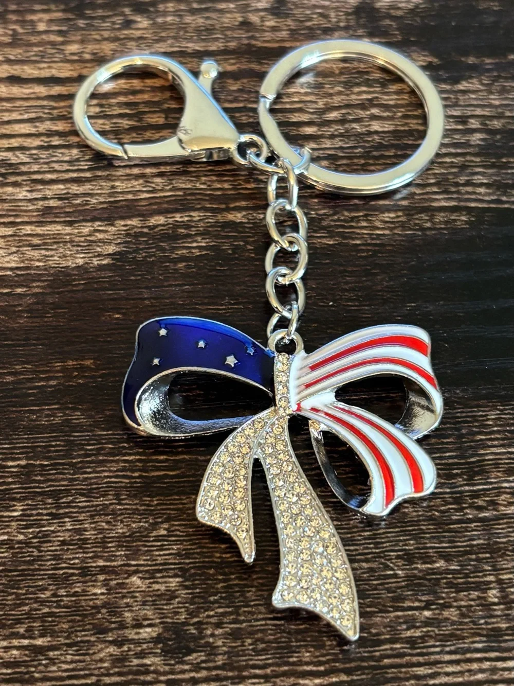Patriotic Bow Keychain with Rhinestones in Silver Tone